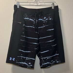 Under Armour Mens Black/Blue Stripe Fish Board Shorts Sz 30